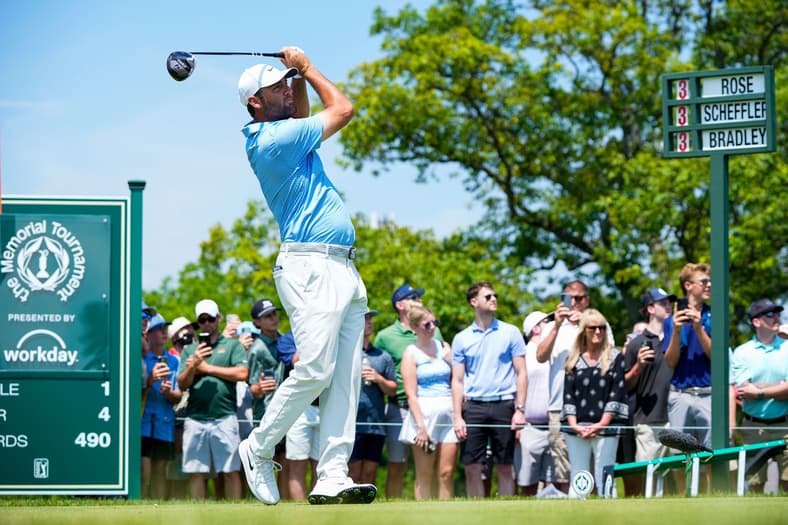 Scottie Scheffler tees off on the first hole during the final round of the Memorial Tournament at Muirfield Village Golf Club on