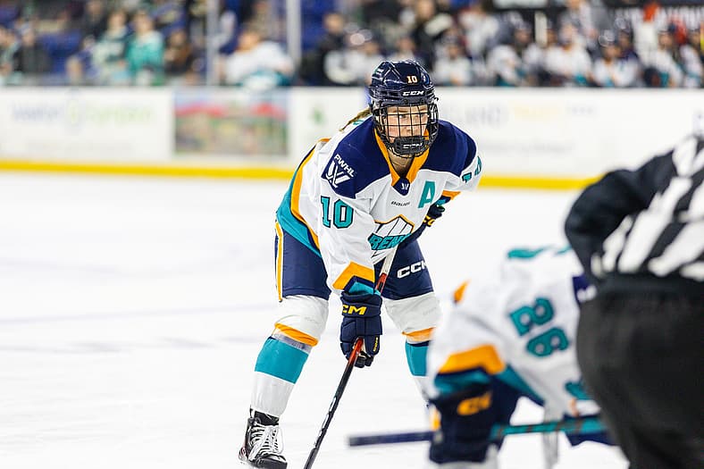 New York Sirens forward Sarah Fillier looks on before a faceoff against the Boston Fleet.