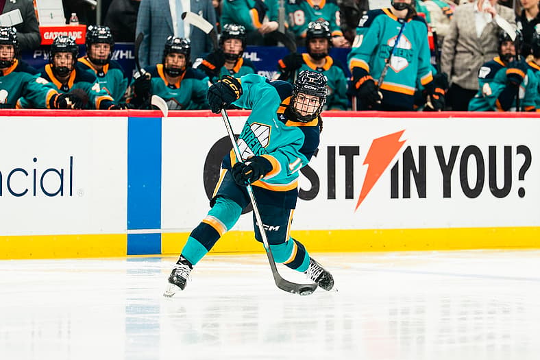 New York Sirens rookie defender Nicole Vallario fires a shot against the Minnesota Frost.
