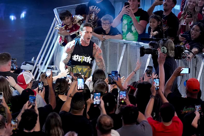 CM Punk is introduced during WWE Friday Night SmackDown at Paycom Center in Oklahoma City, Friday, July 10, 2026.