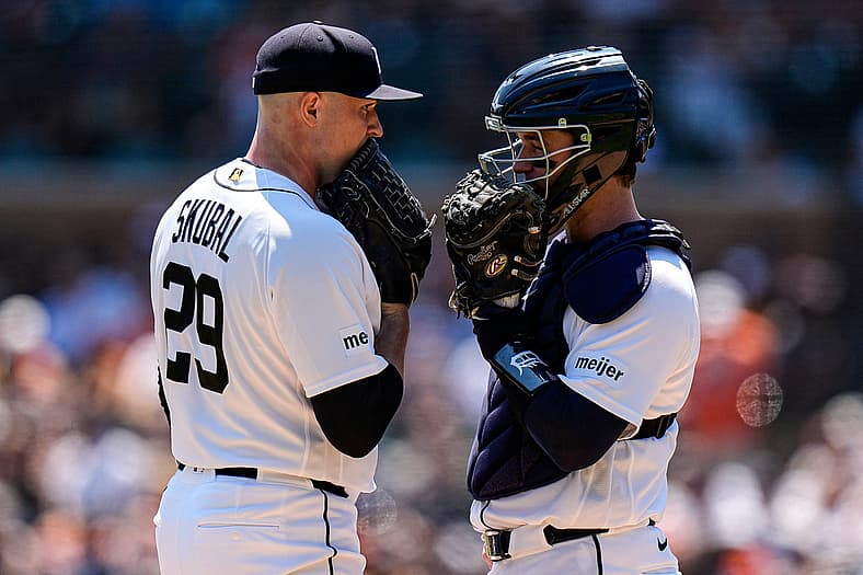 Detroit Tigers pitcher Tarik Skubal (29), left, talks to catcher Dillon Dingler (13) during the fifth inning against