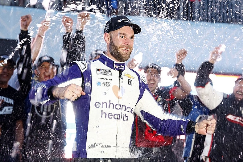 Jul 2, 2023; Chicago, Illinois, USA; NASCAR Cup Series driver Shane Van Gisbergen (91) reacts after winning the Grant Park 220 of the Chicago Street Race at Chicago Street Race. Mandatory Credit: Mike Dinovo-USA TODAY Sports
