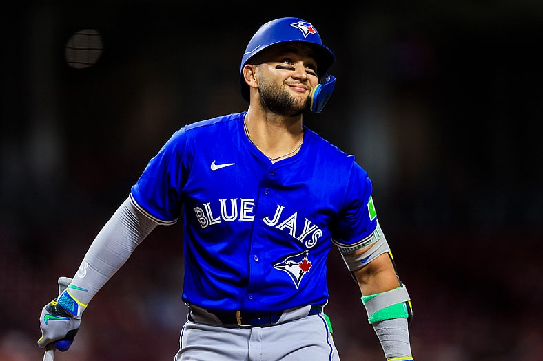 MLB: Bo Bichette, Toronto Blue Jays shortstop, reacts during an at-bat