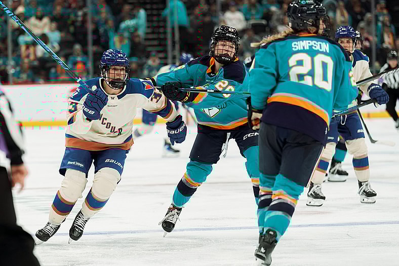 New York Sirens forward Casey O'Brien checks a Vancouver Goldeneyes skater.
