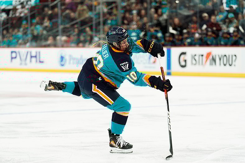 New York Sirens forward Sarah Fillier fires a shot against the Toronto Sceptres.