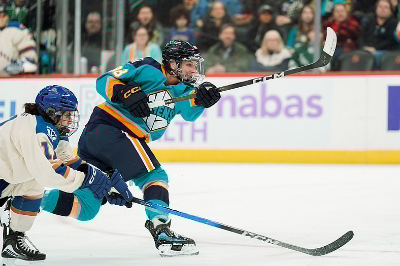 New York Sirens forward Kristyna Kaltounkova fires a shot against the Vancouver Goldeneyes.