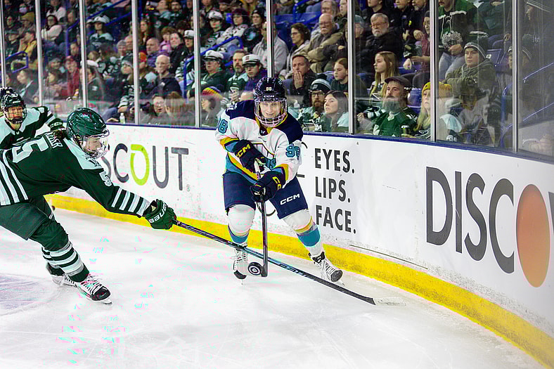 New York Sirens rookie Kristyna Kaltounkova carries the puck against the Boston Fleet.