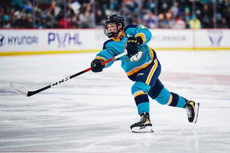 New York Sirens forward Sarah Fillier fires a shot against Ottawa Charge goalie Gwyneth Philips.