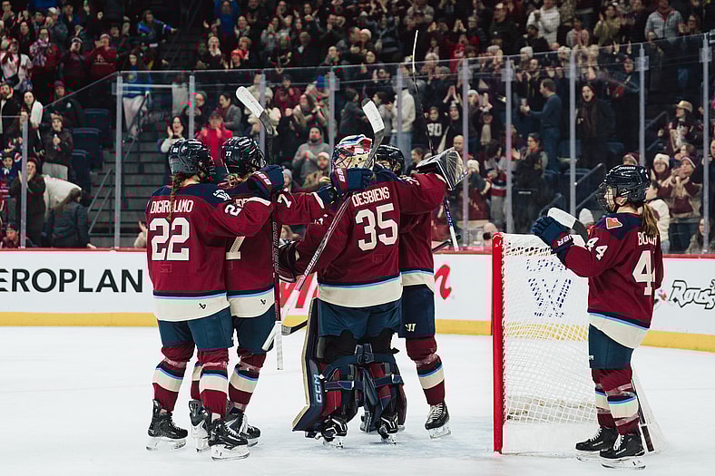 Montreal Victoire goalie Ann-Renée Desbiens celebrates with her team after a 3-0 victory over the Toronto Sceptres.
