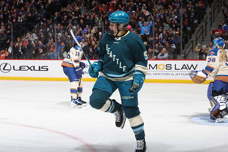 Seattle Torrent forward Jessie Eldridge celebrates a goal against the Vancouver Goldeneyes.