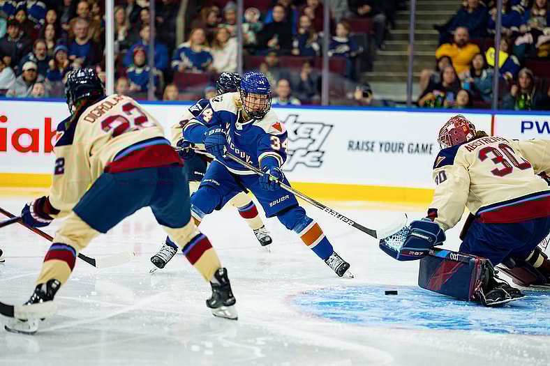 Vancouver Goldeneyes forward Hannah Miller puts a shot on goal against the Montreal Victoire.