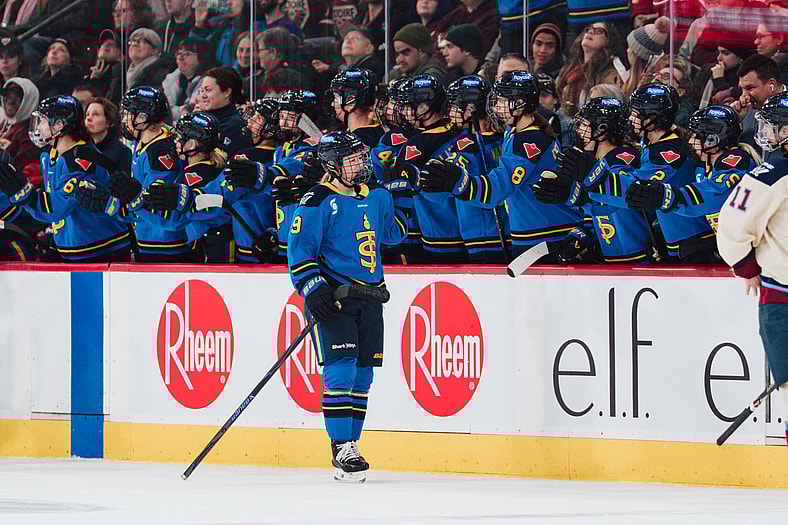 Toronto Sceptres forward Daryl Watts celebrates a goal against the Montreal Victoire.
