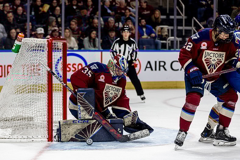 Montreal Victoire goalie Ann-Renée Desbiens makes a save against the Vancouver Goldeneyes.