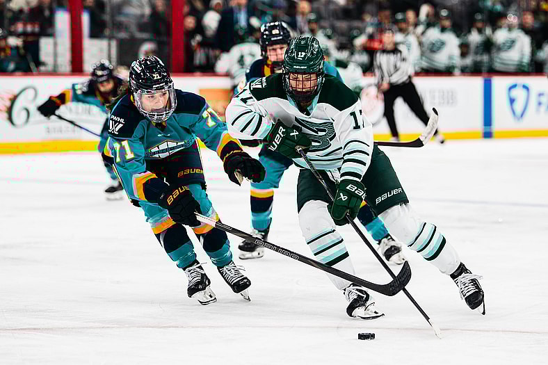 New York Sirens defender Jincy Roese lifts the stick of Boston Fleet forward Theresa Schafzahl.