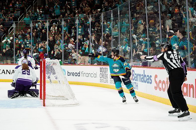 Casey O'Brien celebrates a goal in front of New York Sirens fans at Prudential Center.