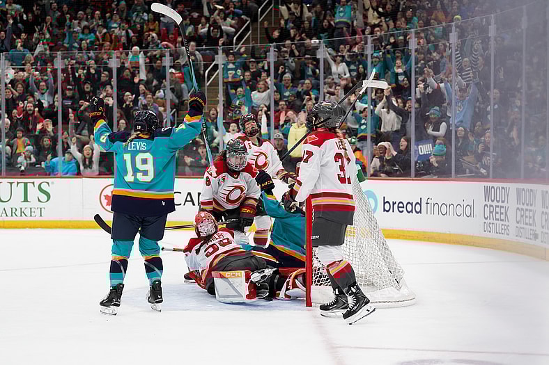New York Sirens forward Paetyn Levis celebrates after a first-period goal from Sarah Fillier gives the Sirens a 2-0 lead over the Ottawa Charge.