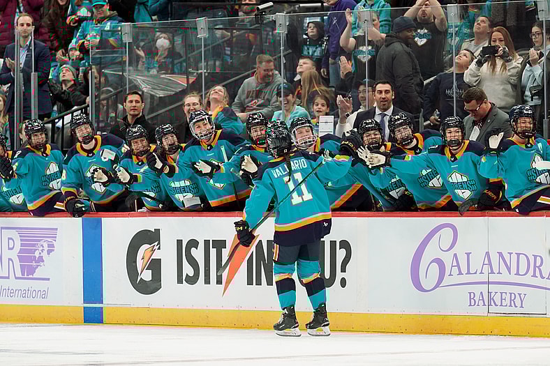 New York Sirens rookie defender Nicole Vallario celebrates after scoring her first career PWHL goal against the Vancouver Goldeneyes.