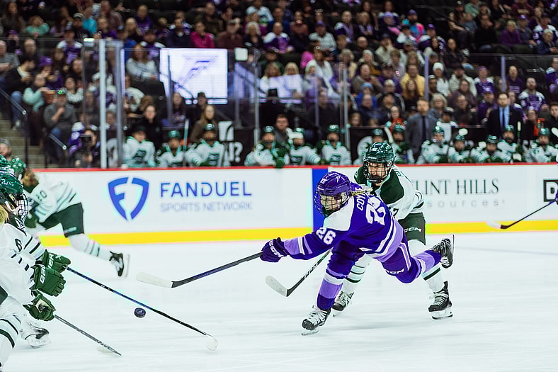 Minnesota Frost captain Kendall Coyne Schofield fires a shot against the Boston Fleet in her return from LTIR.