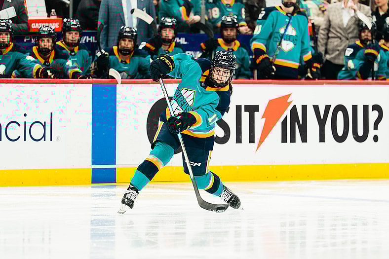 New York Sirens rookie defender Nicole Vallario fires a shot against the Minnesota Frost.