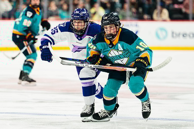 New York Sirens forward Sarah Fillier skates against the Minnesota Frost during a 4-3 overtime win.