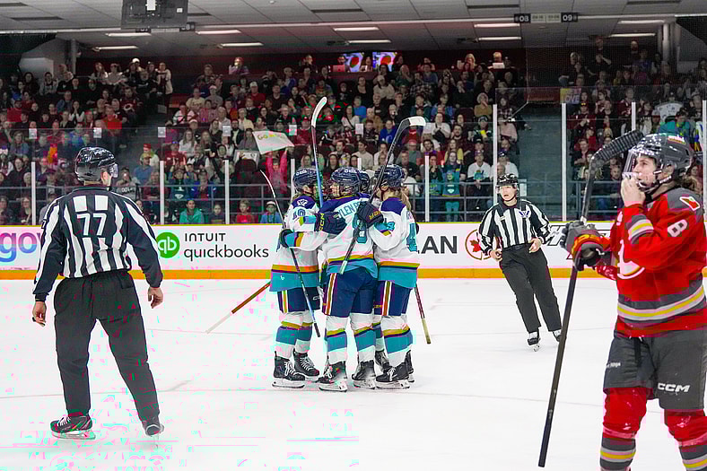 The New York Sirens celebrate after taking a 1-0 lead over the Ottawa Charge on Paetyn Levis' power-play goal.