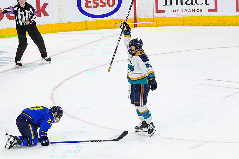 New York Sirens defender Allyson Simpson celebrates after scoring in overtime to defeat the Toronto Sceptres 1-0.