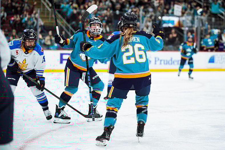 New York Sirens rookies Kristyna Kaltounkova and Casey O'Brien celebrate after a goal against the Toronto Sceptres.