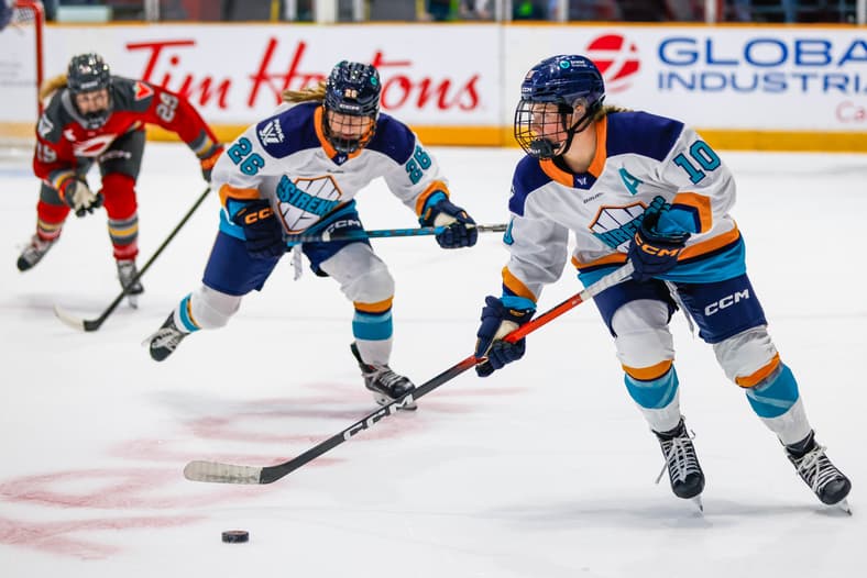 New York Sirens forward Sarah Fillier carries the puck against the Ottawa Charge.