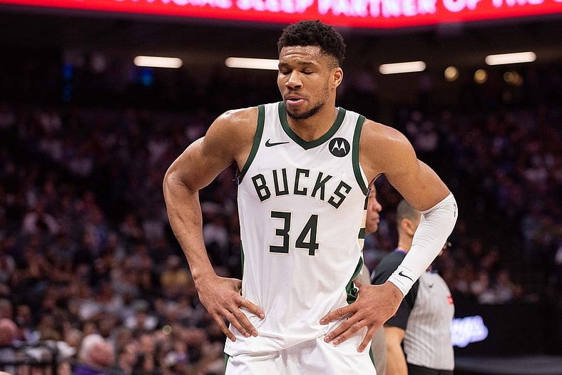 Mar 12, 2024; Sacramento, California, USA; Milwaukee Bucks forward Giannis Antetokounmpo (34) reacts to a call during the second quarter at Golden 1 Center. Mandatory Credit: Ed Szczepanski-USA TODAY Sports
