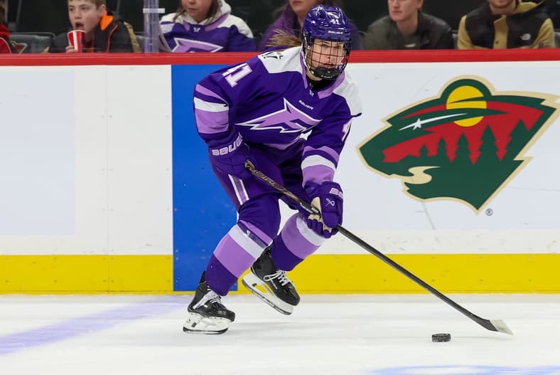 Former Minnesota Frost forward Denisa Křížová carries the puck against the Montreal Victoire.