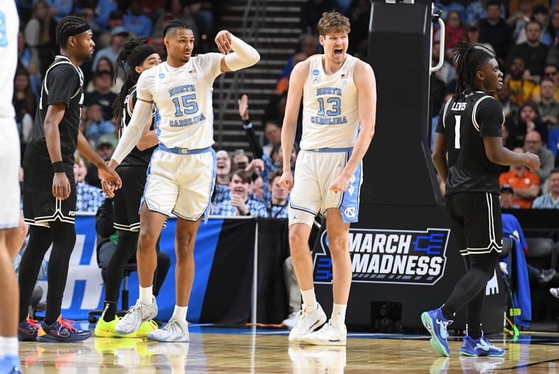 North Carolina Tar Heels center Henri Veesaar (13) celebrates after scoring Thursday, March 19, 2026, during the NCAA Men’s