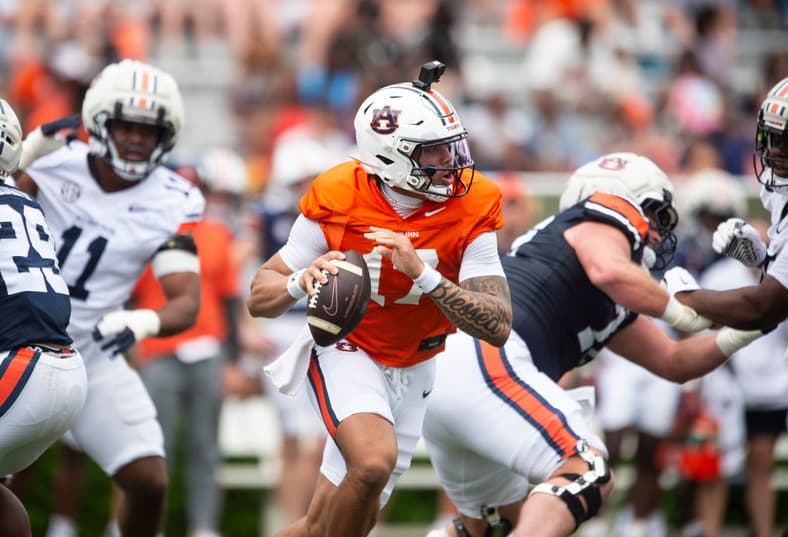 Auburn Tigers quarterback Byrum Brown (17) rolls out of the pocket during Auburn Tigers A-Day spring game at Jordan-Hare Stadium
