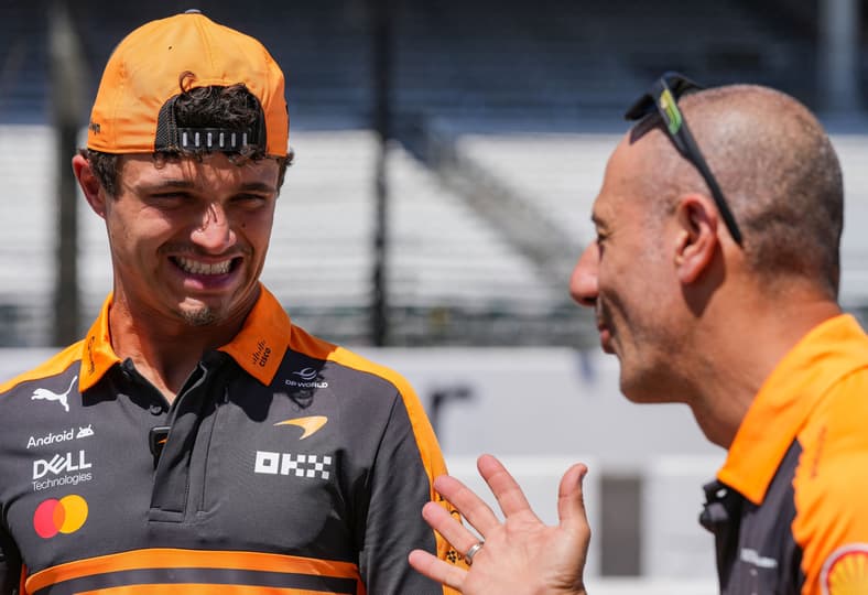 McLaren's Tony Kanaan talks to McLaren Formula 1 driver Lando Norris on Monday, May 25, 2026, the day after the 110th running of