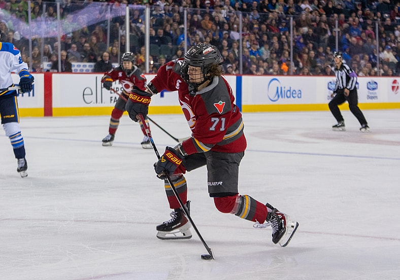 Ottawa Charge forward Fanuza Kadirova fires a shot against the Toronto Sceptres.