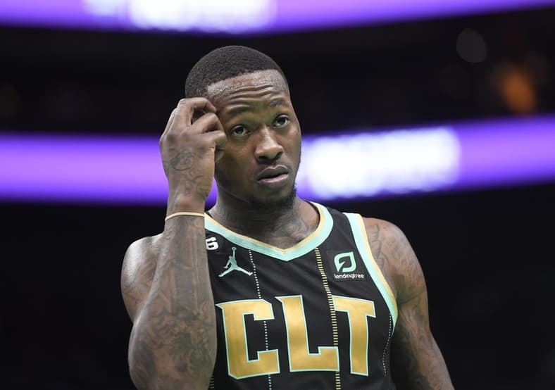 Jan 26, 2023; Charlotte, North Carolina, USA; Charlotte Hornets guard Terry Rozier (3) reacts after being called on a foul during the second half against the Chicago Bulls at the Spectrum Center. Mandatory Credit: Sam Sharpe-USA TODAY Sports