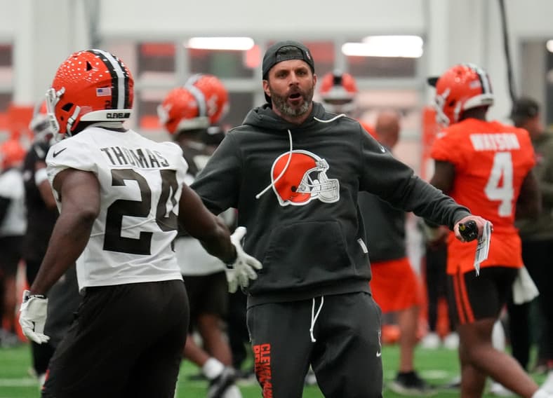 Defensive coordinator Mike Rutenberg cheers on his group at the Browns OTA camp in Berea on May 20, 2026.