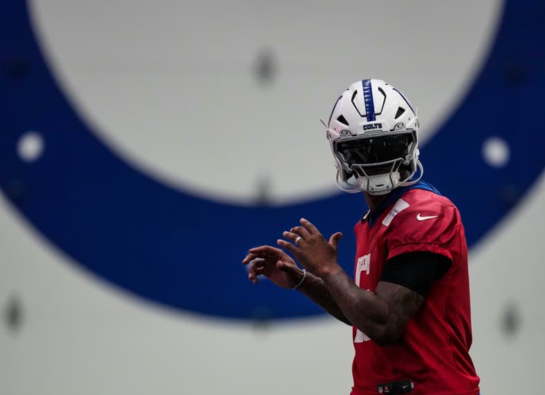 Indianapolis Colts quarterback Anthony Richardson Sr. (5) stretches Wednesday, May 27, 2026, during practice at the Indiana Farm