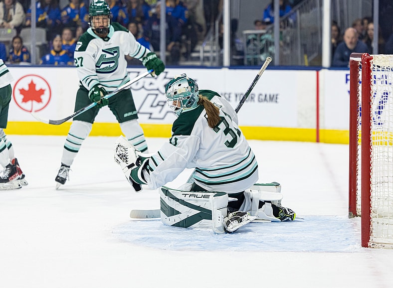 Boston Fleet goalie Aerin Frankel makes a save against the Toronto Sceptres.