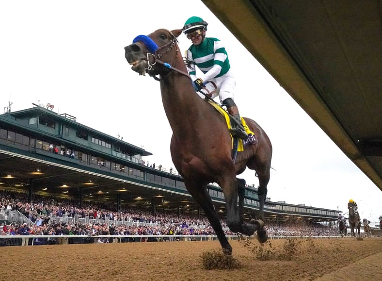 Flightline, with Flavien Pratt up, wins the Breeders' Cup Classic at Keeneland Race Course on Saturday, November 5, 2022, in