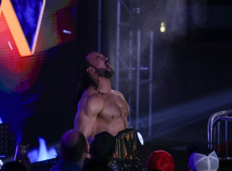 Drew McIntyre makes his entrance before a WWE Championship match during the WWE Road to WrestleMania show, Saturday, Feb. 14,