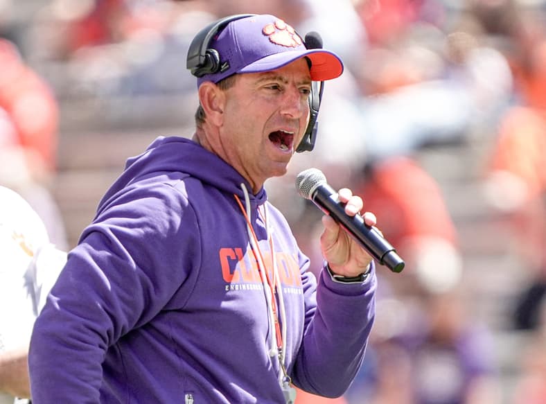 Clemson head coach Dabo Swinney during the first half at the annnual Clemson Orange and White spring game at Memorial Stadium in