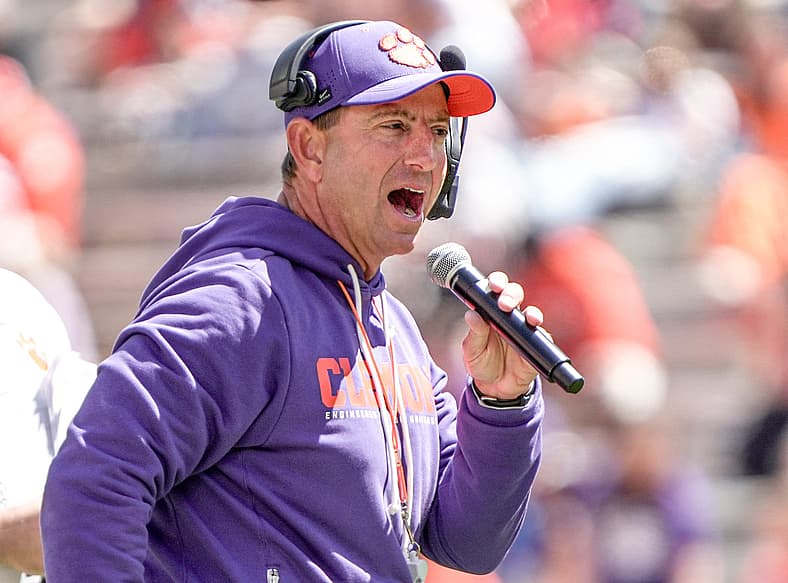 Clemson head coach Dabo Swinney during the first half at the annnual Clemson Orange and White spring game at Memorial Stadium in
