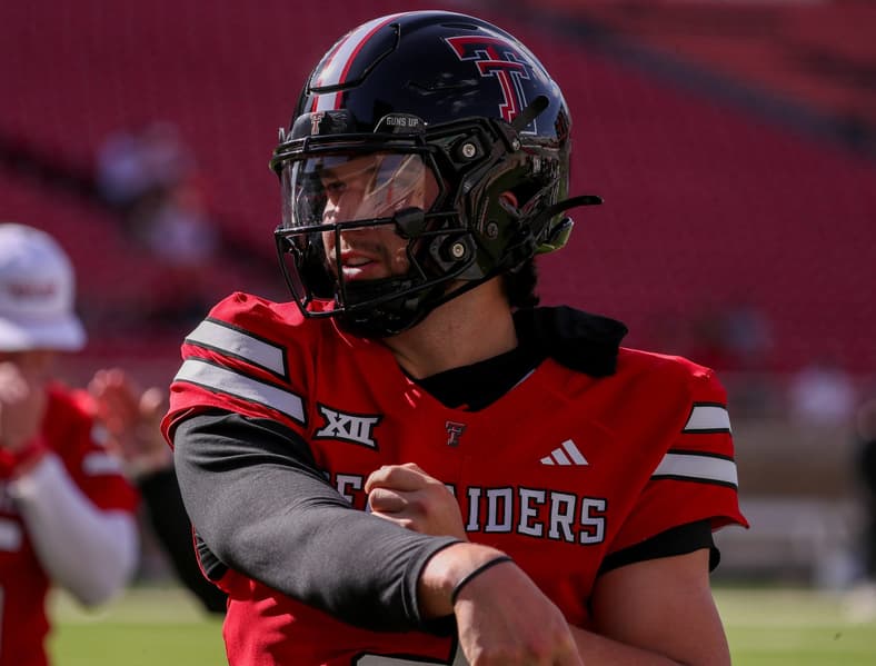 Texas Tech's Brendan Sorsby goes through warmups before the spring football game, Friday, April 17, 2026, at Jones AT&T