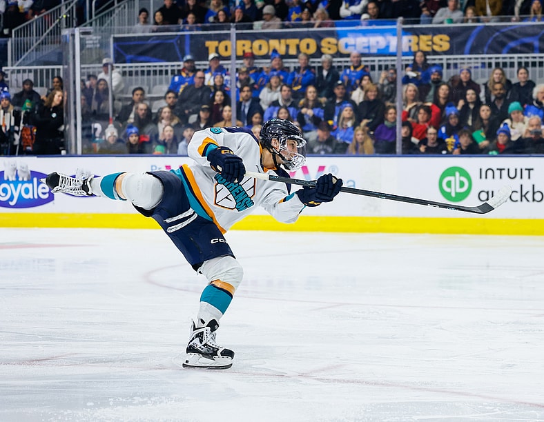 New York Sirens forward Kristyna Kaltounkova takes a penalty shot against the Toronto Sceptres.