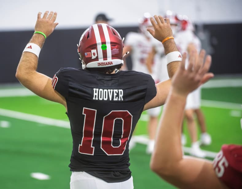 Indiana's Josh Hoover (10) during Indiana football spring practice on Thursday, April 16, 2026.