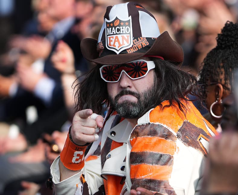 Cleveland Browns Macho Fan mugs at the camera during groundbreaking ceremony for the new Huntington Bank Field in Brook Park,