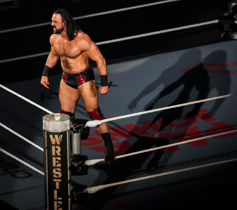 Drew McIntyre yells out toward the crowd Saturday, Sept. 20, 2025, before the Undisputed WWE Championship match at WWE