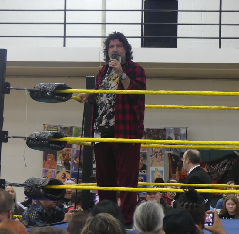 While in the ring Mick Foley answered questions from fans and told stories about his career.