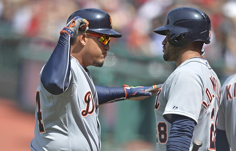 Detroit Tigers first baseman Miguel Cabrera (L) celebrates with right fielder J.D. Martinez (28) after a two-run home run. David Richard-USA TODAY Sports