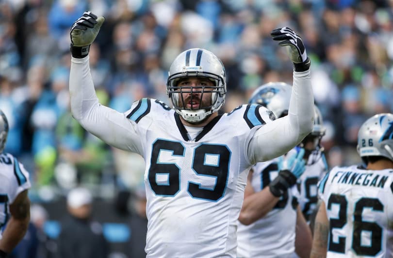 Jan 17, 2016; Charlotte, NC, USA; Carolina Panthers defensive end Jared Allen (69) reacts during the fourth quarter against the Seattle Seahawks in a NFC Divisional round playoff game at Bank of America Stadium. Mandatory Credit: Jeremy Brevard-USA TODAY Sports